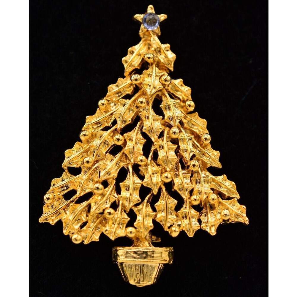 Vintage Christmas Tree Pin Brooch Bushed Gold Sky Blue Rhinestone Holiday BinA10